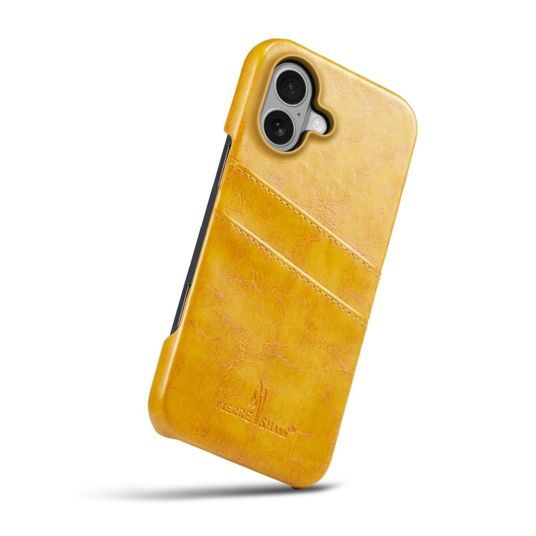 For iPhone 16 Fierre Shann Retro Oil Wax Texture Card Slots PU Leather Phone Case(Yellow) - iPhone 16 Cases by FIERRE SHANN | Online Shopping UK | buy2fix