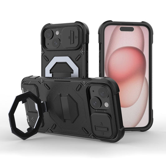 For iPhone 15 Camera Shield Armor MagSafe Holder Phone Case with Strap(Black) - iPhone 15 Cases by buy2fix | Online Shopping UK | buy2fix