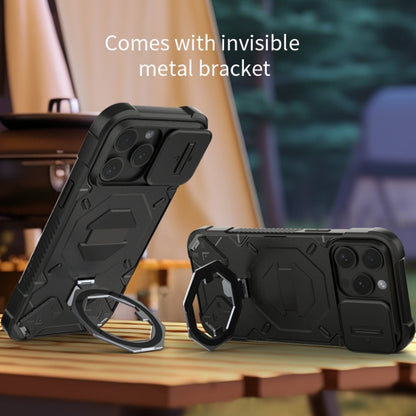 For iPhone 15 Camera Shield Armor MagSafe Holder Phone Case with Strap(Dark Green) - iPhone 15 Cases by buy2fix | Online Shopping UK | buy2fix