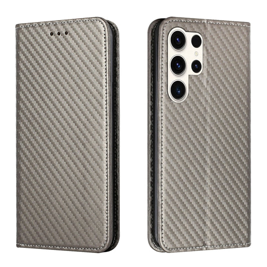 For Samsung Galaxy S25 Ultra 5G Carbon Fiber Texture Magnetic Flip Leather Phone Case(Grey) - Galaxy S25 Ultra 5G Cases by buy2fix | Online Shopping UK | buy2fix