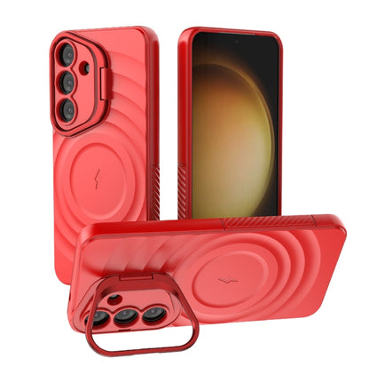 For Samsung Galaxy S25 5G Lens Frame Bracket Corrugated MagSafe Phone Case(Red) - Galaxy S25 5G Cases by buy2fix | Online Shopping UK | buy2fix