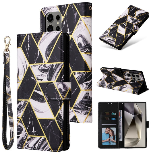 For Samsung Galaxy S25 Ultra 5G Marble Bronzing Stitching Leather Phone Case(Black) - Galaxy S25 Ultra 5G Cases by buy2fix | Online Shopping UK | buy2fix