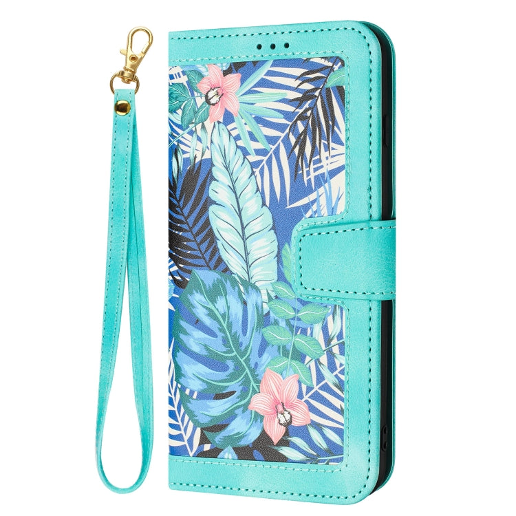 For Samsung Galaxy S25 5G Floral Pattern Leather Phone Case with Lanyard(Green) - Galaxy S25 5G Cases by buy2fix | Online Shopping UK | buy2fix