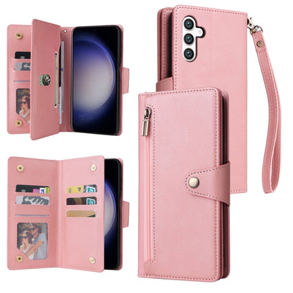 For Samsung Galaxy S25 5G Rivet Buckle 9 Cards Three Fold Leather Phone Case(Rose Gold) - Galaxy S25 5G Cases by buy2fix | Online Shopping UK | buy2fix