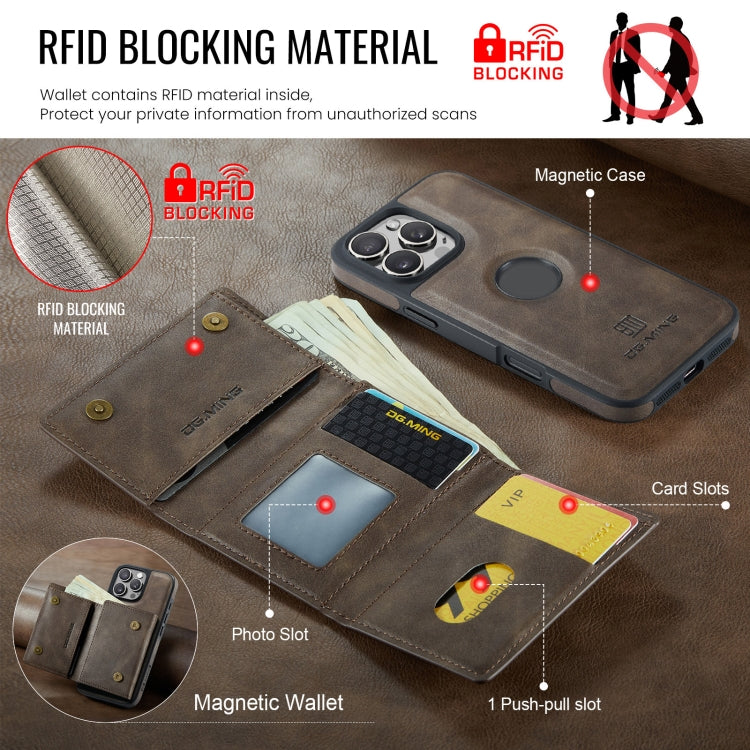 For iPhone 16 Pro Max DG.MING M6 Series RFID Tri-fold Card Bag Removable Leather Phone Case(Coffee) - iPhone 16 Pro Max Cases by DG.MING | Online Shopping UK | buy2fix