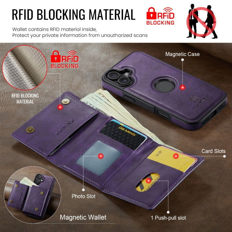 For iPhone 16 Plus DG.MING M6 Series RFID Tri-fold Card Bag Removable Leather Phone Case(Purple) - iPhone 16 Plus Cases by DG.MING | Online Shopping UK | buy2fix