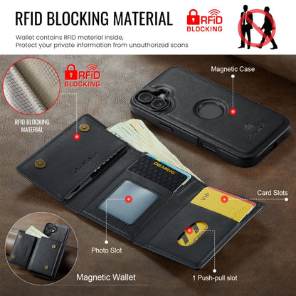 For iPhone 16 DG.MING M6 Series RFID Tri-fold Card Bag Removable Leather Phone Case(Black) - iPhone 16 Cases by DG.MING | Online Shopping UK | buy2fix