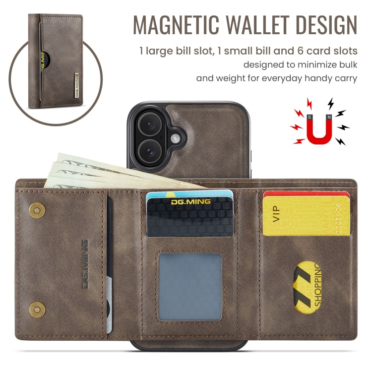 For iPhone 16 DG.MING M6 Series RFID Tri-fold Card Bag Removable Leather Phone Case(Coffee) - iPhone 16 Cases by DG.MING | Online Shopping UK | buy2fix