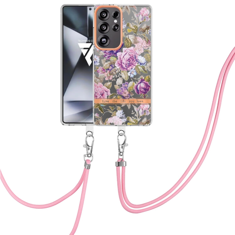 For Samsung Galaxy S25 Ultra 5G Flowers and Plants Series IMD TPU Phone Case with Lanyard(Purple Peony) - Galaxy S25 Ultra 5G Cases by buy2fix | Online Shopping UK | buy2fix