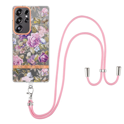 For Samsung Galaxy S25 Ultra 5G Flowers and Plants Series IMD TPU Phone Case with Lanyard(Purple Peony) - Galaxy S25 Ultra 5G Cases by buy2fix | Online Shopping UK | buy2fix