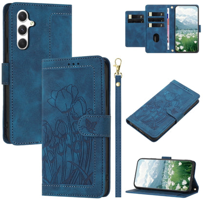 For Samsung Galaxy S25+ 5G Tulips Embossed Leather Phone Case with Lanyard(Blue) - Galaxy S25+ 5G Cases by buy2fix | Online Shopping UK | buy2fix