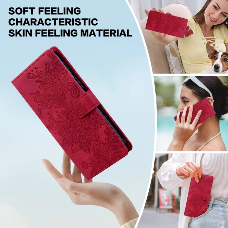 For Samsung Galaxy S25 5G Lace Floral Embossed Magnetic Buckle PU Phone Case With Wrist Strap(Red) - Galaxy S25 5G Cases by buy2fix | Online Shopping UK | buy2fix