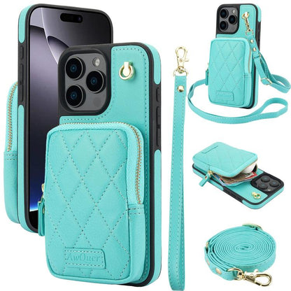 For iPhone 16 Pro Max AwQuer Crossbody Zipper Wallet Bag Litchi Leather Phone Case(Mint Green) - iPhone 16 Pro Max Cases by Awquer | Online Shopping UK | buy2fix