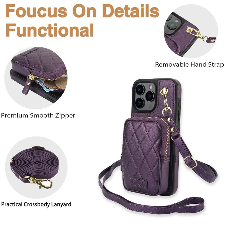 For iPhone 16 Pro AwQuer Crossbody Zipper Wallet Bag Litchi Leather Phone Case(Dark Purple) - iPhone 16 Pro Cases by Awquer | Online Shopping UK | buy2fix