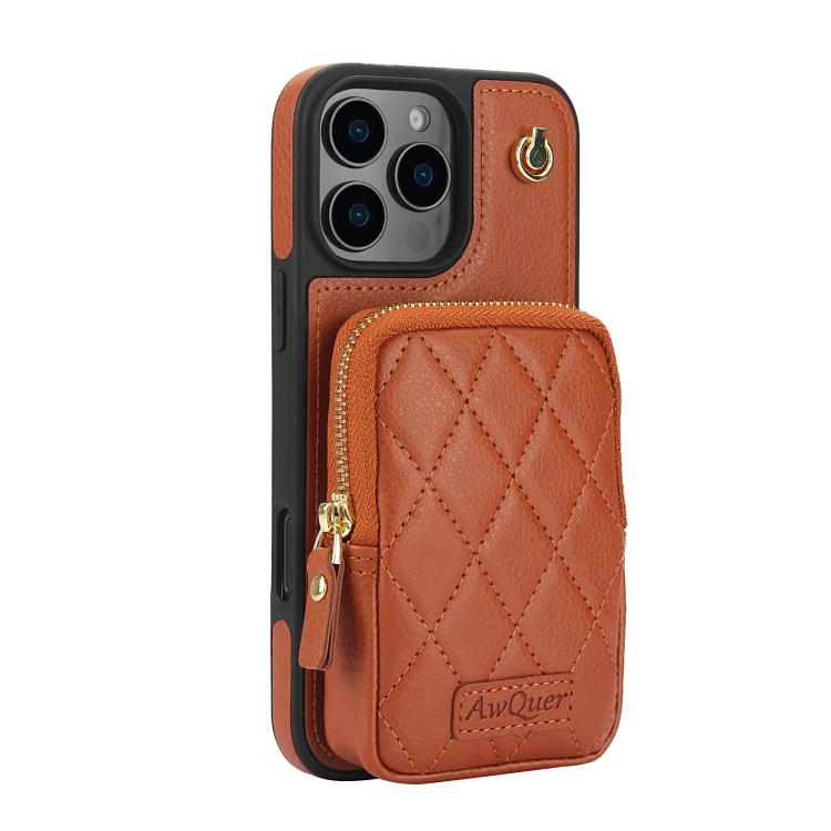 For iPhone 16 Pro AwQuer Crossbody Zipper Wallet Bag Litchi Leather Phone Case(Brown) - iPhone 16 Pro Cases by Awquer | Online Shopping UK | buy2fix