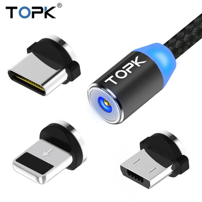 TOPK 2m 2.4A Max USB to 8 Pin + USB-C / Type-C + Micro USB Nylon Braided Magnetic Charging Cable with LED Indicator(Black) - Charging Cable & Head by TOPK | Online Shopping UK | buy2fix