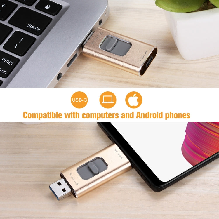 Richwell 3 in 1 32G Type-C + 8 Pin + USB 3.0 Metal Push-pull Flash Disk with OTG Function(Rose Gold) - U Disk & Card Reader by Richwell | Online Shopping UK | buy2fix