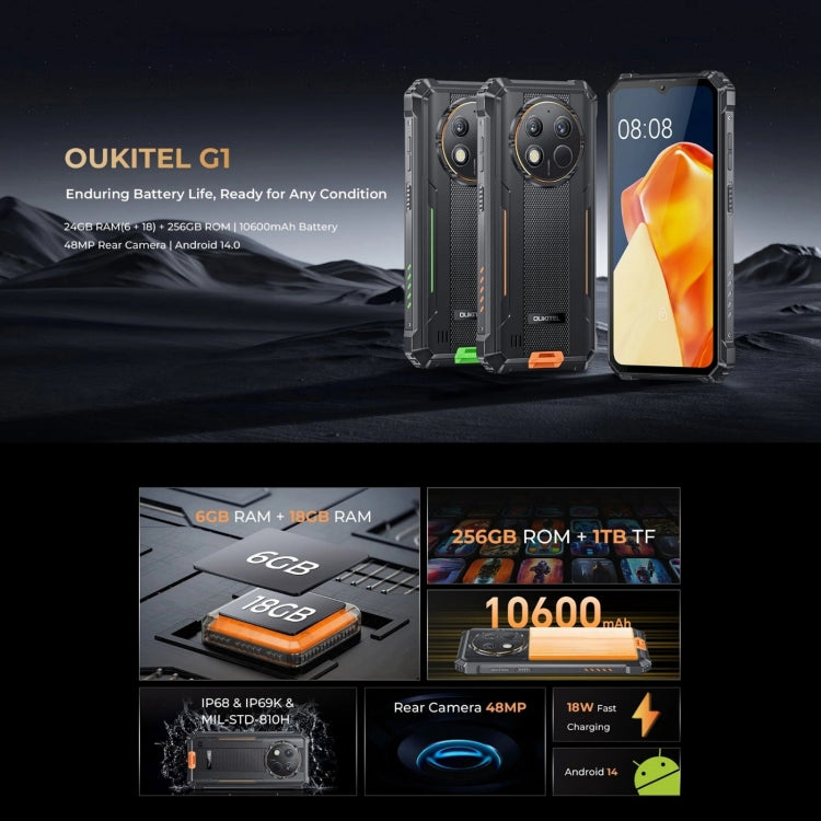 Oukitel G1 Rugged Phone, 6GB+256GB, Fingerprint Identification, 6.52 inch Android 14 T606 Octa Core, NFC, OTG, Network: 4G (Orange) - OUKITEL by OUKITEL | Online Shopping UK | buy2fix