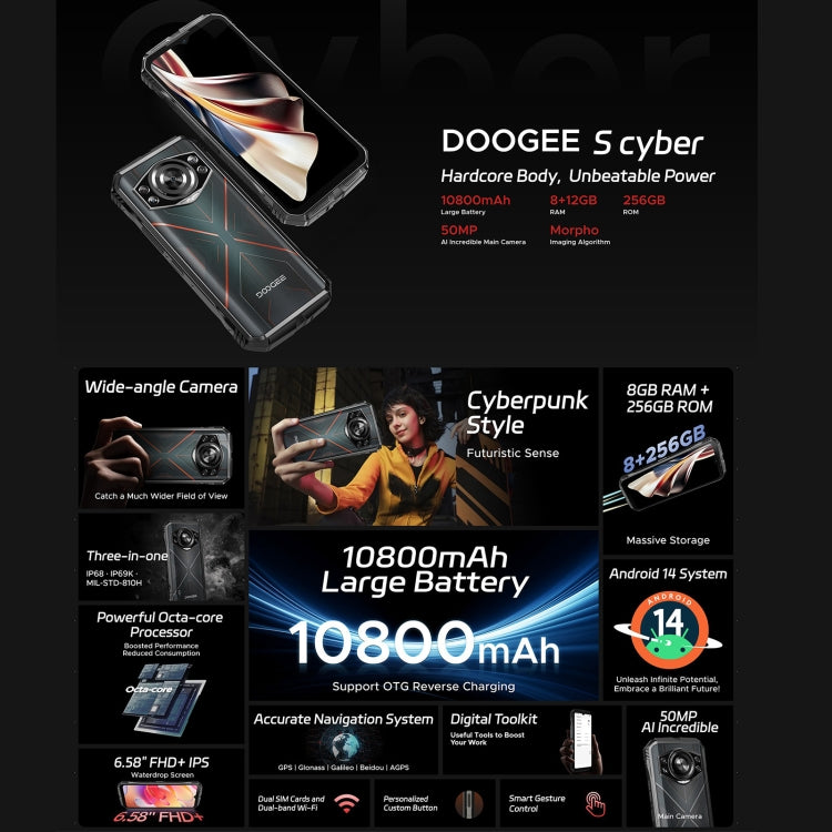 DOOGEE S Cyber, 8GB+256GB, 6.58 inch Android 14 Spreadtrum T606 Octa Core, Network: 4G, OTG, NFC (Black Red) - DOOGEE by DOOGEE | Online Shopping UK | buy2fix