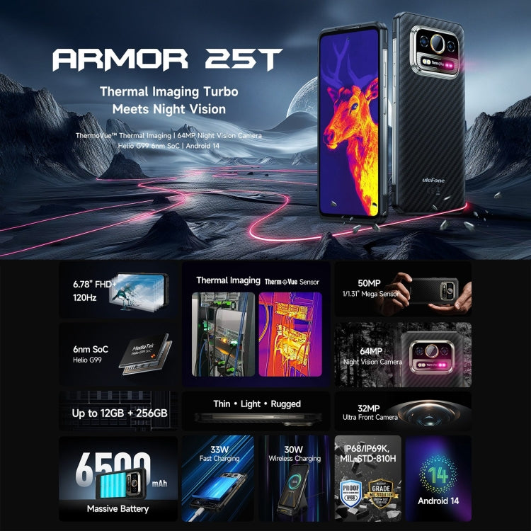 [HK Warehouse] Ulefone Armor 25T Rugged Phone, 6GB+256GB, Thermal Imaging, 6.78 inch Android 14 MediaTek Helio G99 Octa Core, Network: 4G, NFC, OTG (Black) - Ulefone by Ulefone | Online Shopping UK | buy2fix