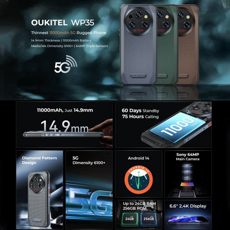 [HK Warehouse] Oukitel WP35 5G Rugged Phone, 8GB+256GB, IP68/IP69K Fingerprint Identification, 11000mAh, 6.6 inch MediaTek Dimensity 6100+ Octa Core, NFC, OTG, Network: 5G (Grey) - Other by OUKITEL | Online Shopping UK | buy2fix