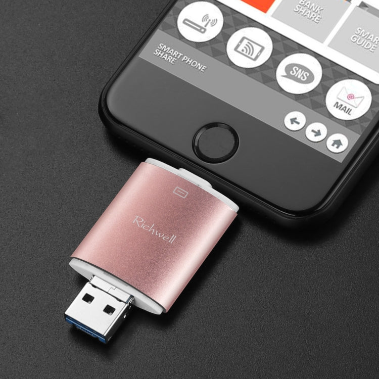 Richwell 3 in 1 128G Type-C + 8 Pin + USB 3.0 Metal Double Cover Push-pull Flash Disk with OTG Function(Rose Gold) - U Disk & Card Reader by Richwell | Online Shopping UK | buy2fix