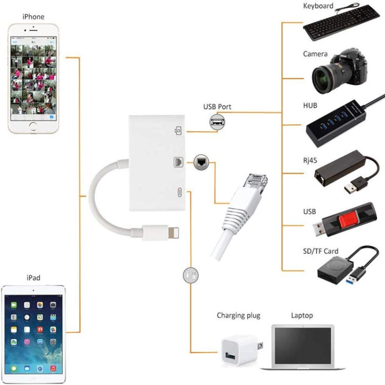 NK-107 3 in 1 Ethernet + USB + 8 Pin Charging Female Ports to 8 Pin Male OTG Digital Video Converter Cable - Converter & Adapter by buy2fix | Online Shopping UK | buy2fix