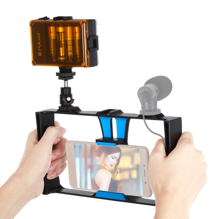 PULUZ 2 in 1 Vlogging Live Broadcast LED Selfie Light Smartphone Video Rig Kits with Cold Shoe Tripod Head for iPhone, Galaxy, Huawei, Xiaomi, HTC, LG, Google, and Other Smartphones(Blue) - Camera Cage by PULUZ | Online Shopping UK | buy2fix