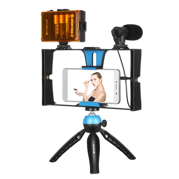 PULUZ 4 in 1 Vlogging Live Broadcast LED Selfie Light Smartphone Video Rig Kits with Microphone + Tripod Mount + Cold Shoe Tripod Head for iPhone, Galaxy, Huawei, Xiaomi, HTC, LG, Google, and Other Smartphones(Blue) - Camera Cage by PULUZ | Online Shopping UK | buy2fix