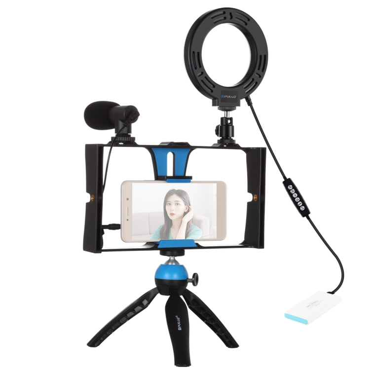 PULUZ 4 in 1 Vlogging Live Broadcast Smartphone Video Rig + 4.7 inch 12cm RGBW Ring LED Selfie Light + Microphone + Pocket Tripod Mount Kits with Cold Shoe Tripod Head(Blue) - Camera Cage by PULUZ | Online Shopping UK | buy2fix