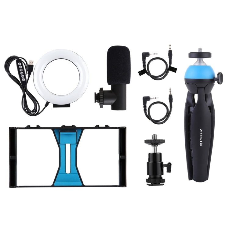 PULUZ 4 in 1 Vlogging Live Broadcast Smartphone Video Rig + 4.7 inch 12cm RGBW Ring LED Selfie Light + Microphone + Pocket Tripod Mount Kits with Cold Shoe Tripod Head(Blue) - Camera Cage by PULUZ | Online Shopping UK | buy2fix