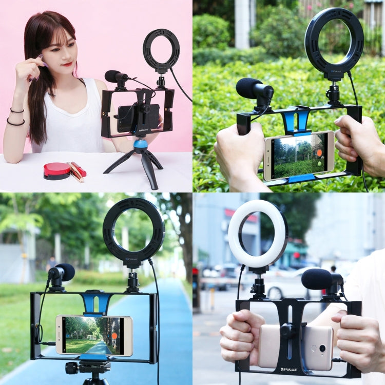 PULUZ 4 in 1 Vlogging Live Broadcast Smartphone Video Rig + 4.7 inch 12cm RGBW Ring LED Selfie Light + Microphone + Pocket Tripod Mount Kits with Cold Shoe Tripod Head(Blue) - Camera Cage by PULUZ | Online Shopping UK | buy2fix