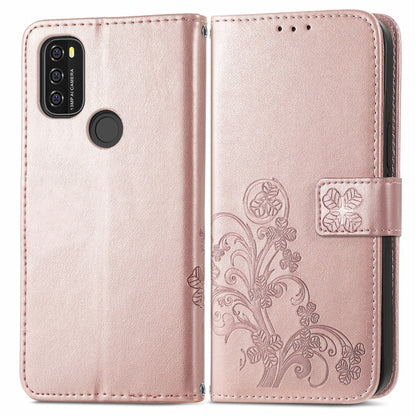 For Blackview A70 Four-leaf Clasp Embossed Buckle Mobile Phone Protection Leather Case with Lanyard & Card Slot & Wallet & Bracket Function(Rose Gold) - More Brand by buy2fix | Online Shopping UK | buy2fix