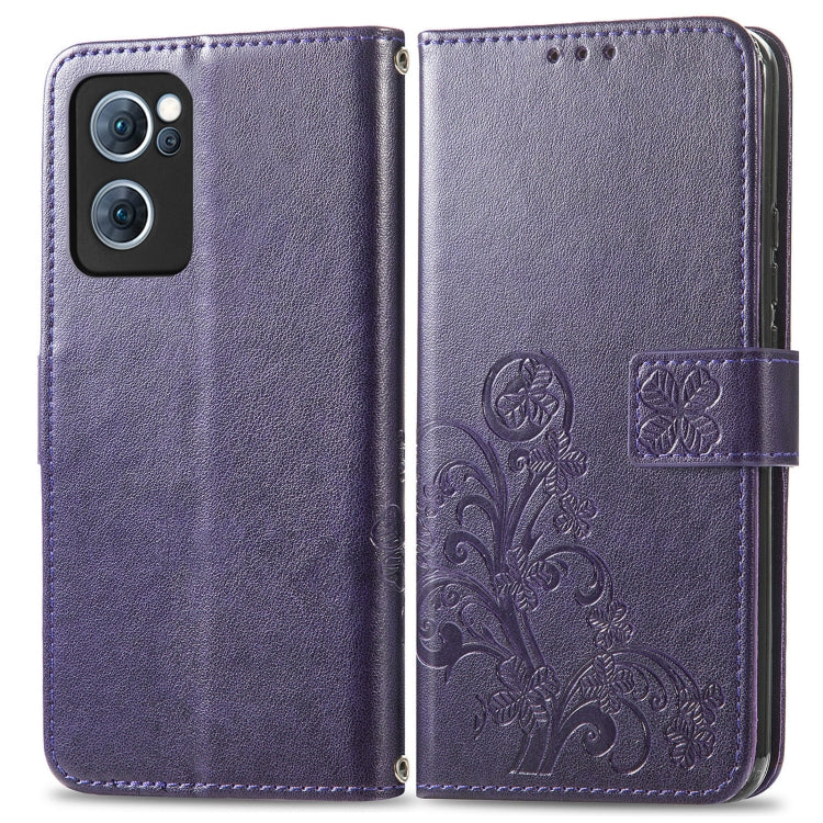 For OPPO Reno7 5G Four-leaf Clasp Embossed Buckle Leather Phone Case(Purple) - OPPO Cases by buy2fix | Online Shopping UK | buy2fix