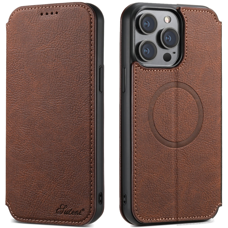 For iPhone 14 Pro Suteni J06 Retro Matte Litchi Texture Leather Magnetic Magsafe Phone Case(Brown) - iPhone 14 Pro Cases by Suteni | Online Shopping UK | buy2fix