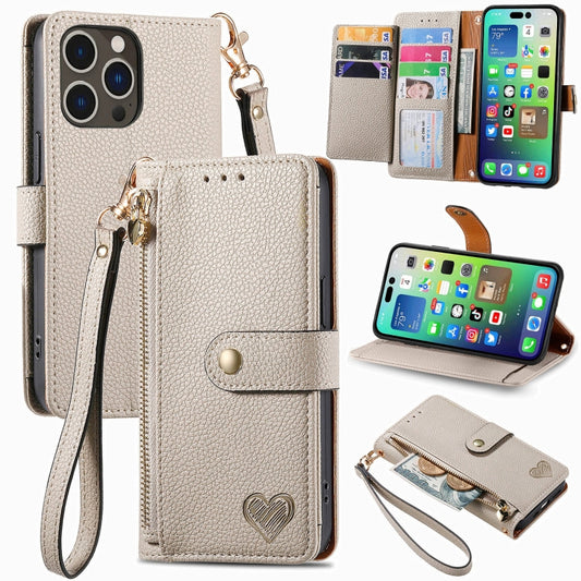 For iPhone 16 Pro Max Love Zipper Lanyard Leather Phone Case(Gray) - iPhone 16 Pro Max Cases by buy2fix | Online Shopping UK | buy2fix