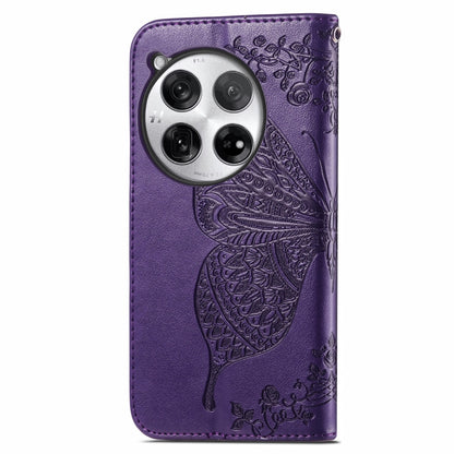 For OnePlus 12 Butterfly Love Flower Embossed Leather Phone Case(Dark Purple) - OnePlus Cases by buy2fix | Online Shopping UK | buy2fix