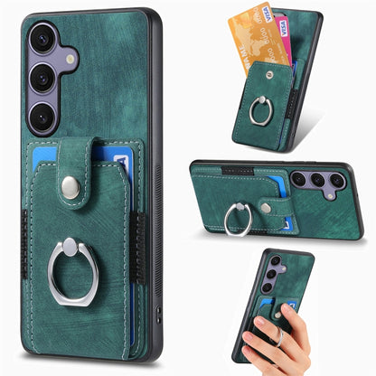 For Samsung Galaxy S25+ 5G Retro Skin-feel Ring Card Wallet Phone Case(Green) - Galaxy S25+ 5G Cases by buy2fix | Online Shopping UK | buy2fix