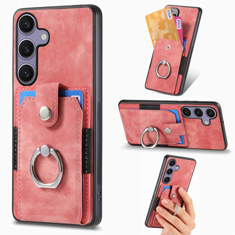 For Samsung Galaxy S25 Ultra 5G Retro Skin-feel Ring Card Wallet Phone Case(Pink) - Galaxy S25 Ultra 5G Cases by buy2fix | Online Shopping UK | buy2fix