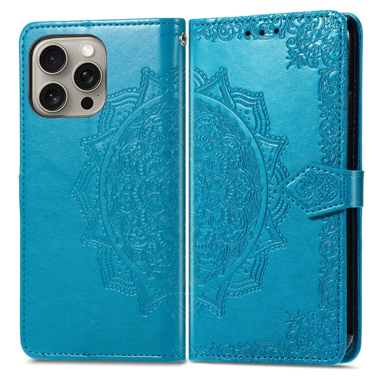 For iPhone 16 Pro Max Mandala Flower Embossed Leather Phone Case(Blue) - iPhone 16 Pro Max Cases by buy2fix | Online Shopping UK | buy2fix