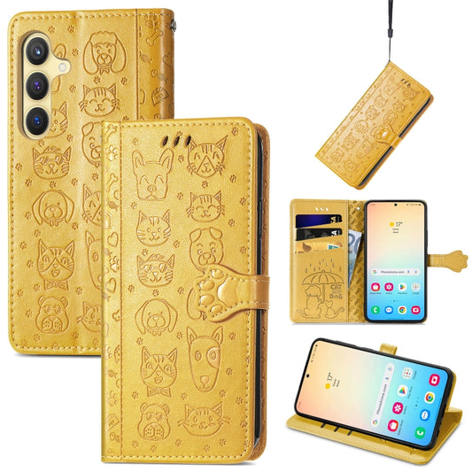 For Samsung Galaxy S25+ 5G Cat and Dog Embossed Leather Phone Case(Yellow) - Galaxy S25+ 5G Cases by buy2fix | Online Shopping UK | buy2fix