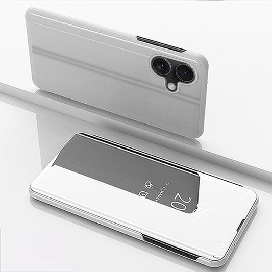 For iPhone 16 Plated Mirror Horizontal Flip Leather Phone Case with Holder(Silver) - iPhone 16 Cases by buy2fix | Online Shopping UK | buy2fix