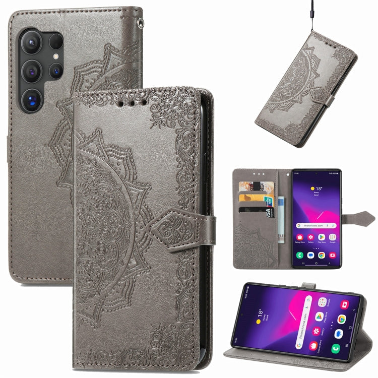 For Samsung Galaxy S24 Ultra 5G Mandala Flower Embossed Leather Phone Case(Gray) - Galaxy S24 Ultra 5G Cases by buy2fix | Online Shopping UK | buy2fix