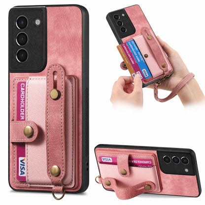 For Samsung Galaxy S21 5G Retro Cross Wristband Wallet Leather Back Phone Case(Pink) - Galaxy S21 5G Cases by buy2fix | Online Shopping UK | buy2fix