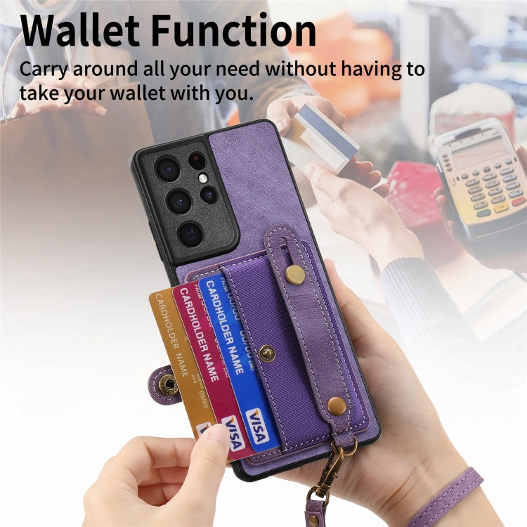 For Samsung Galaxy S21 Ultra 5G Retro Cross Wristband Wallet Leather Back Phone Case(Purple) - Galaxy S21 Ultra 5G Cases by buy2fix | Online Shopping UK | buy2fix
