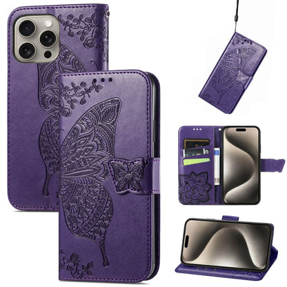 For iPhone 16 Pro Max Butterfly Love Flower Embossed Leather Phone Case(Purple) - iPhone 16 Pro Max Cases by buy2fix | Online Shopping UK | buy2fix