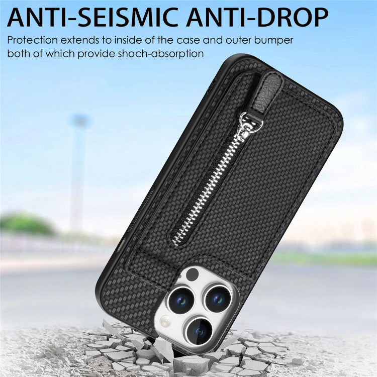 For iPhone 16 Pro Carbon Fiber Vertical Flip Zipper Phone Case(Black) - iPhone 16 Pro Cases by buy2fix | Online Shopping UK | buy2fix