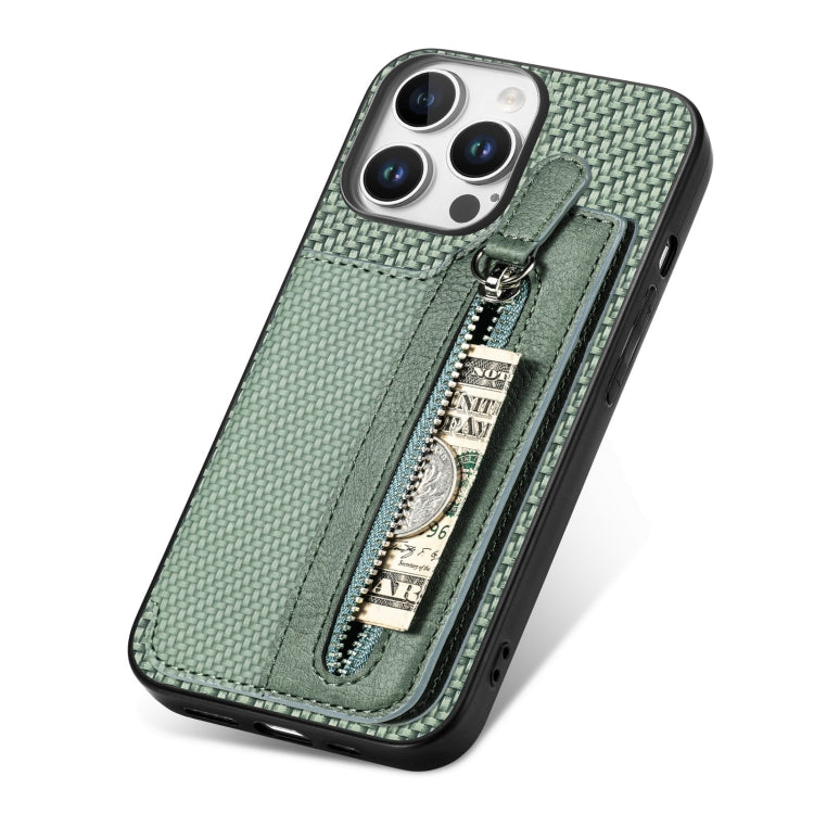 For iPhone 16 Pro Max Carbon Fiber Horizontal Flip Zipper Wallet Phone Case(Green) - iPhone 16 Pro Max Cases by buy2fix | Online Shopping UK | buy2fix