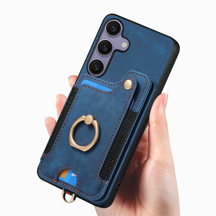 For Samsung Galaxy S25 5G Retro Skin-feel Ring Multi-card Wallet Phone Case(Blue) - Galaxy S25 5G Cases by buy2fix | Online Shopping UK | buy2fix