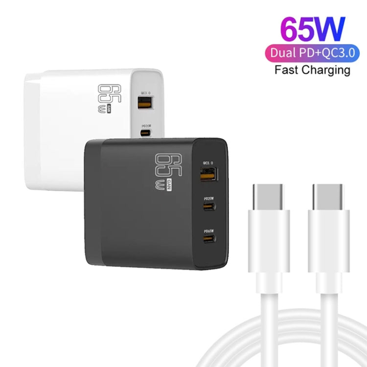 GAN 65W PD45W Dual Type-C / QC3.0 USB  Multi Compatible Charger + 2m USB-C to USB-C Data Cable EU + US Plug White - Cable & Adapter by buy2fix | Online Shopping UK | buy2fix